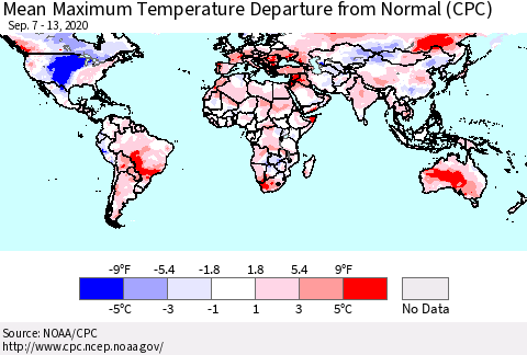 World Mean Maximum Temperature Departure from Normal (CPC) Thematic Map For 9/7/2020 - 9/13/2020