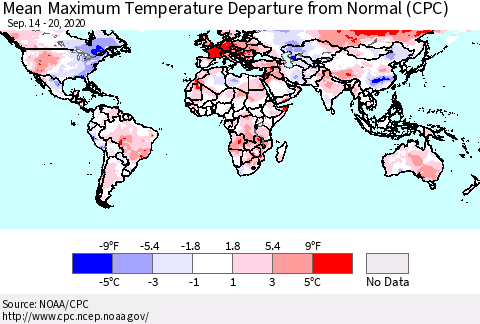 World Mean Maximum Temperature Departure from Normal (CPC) Thematic Map For 9/14/2020 - 9/20/2020