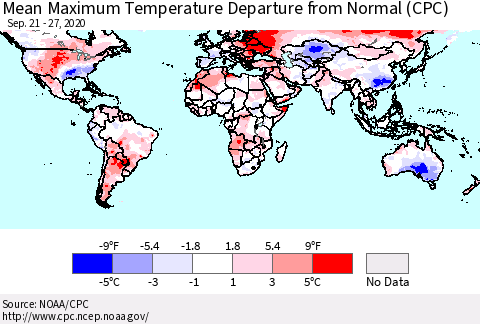 World Mean Maximum Temperature Departure from Normal (CPC) Thematic Map For 9/21/2020 - 9/27/2020