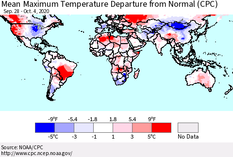 World Mean Maximum Temperature Departure from Normal (CPC) Thematic Map For 9/28/2020 - 10/4/2020
