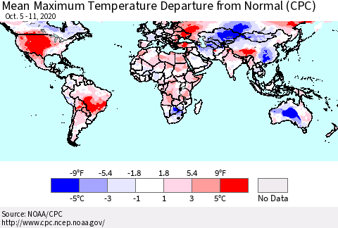 World Mean Maximum Temperature Departure from Normal (CPC) Thematic Map For 10/5/2020 - 10/11/2020