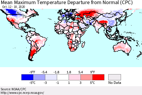 World Mean Maximum Temperature Departure from Normal (CPC) Thematic Map For 10/12/2020 - 10/18/2020