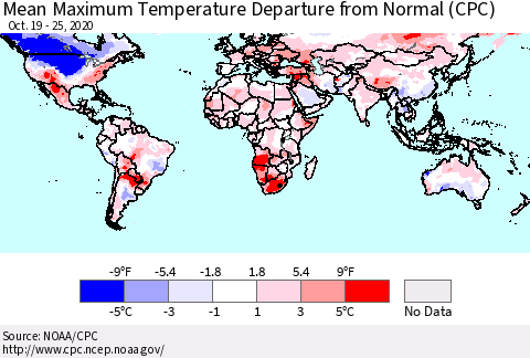 World Mean Maximum Temperature Departure from Normal (CPC) Thematic Map For 10/19/2020 - 10/25/2020