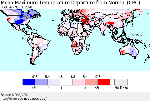World Mean Maximum Temperature Departure from Normal (CPC) Thematic Map For 10/26/2020 - 11/1/2020