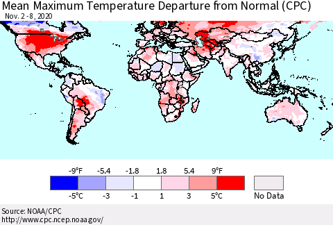 World Mean Maximum Temperature Departure from Normal (CPC) Thematic Map For 11/2/2020 - 11/8/2020