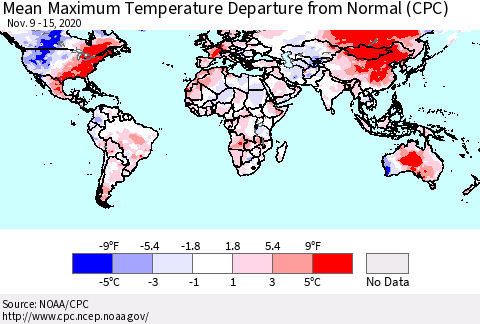 World Mean Maximum Temperature Departure from Normal (CPC) Thematic Map For 11/9/2020 - 11/15/2020
