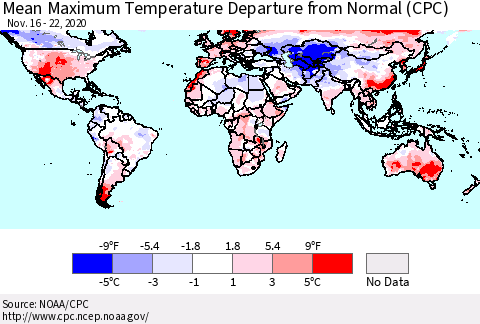 World Mean Maximum Temperature Departure from Normal (CPC) Thematic Map For 11/16/2020 - 11/22/2020