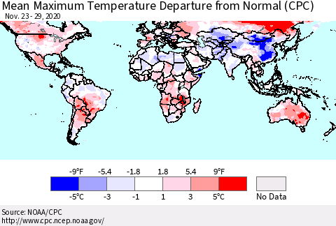 World Mean Maximum Temperature Departure from Normal (CPC) Thematic Map For 11/23/2020 - 11/29/2020
