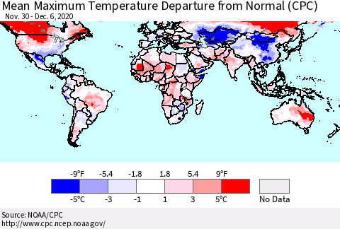 World Mean Maximum Temperature Departure from Normal (CPC) Thematic Map For 11/30/2020 - 12/6/2020
