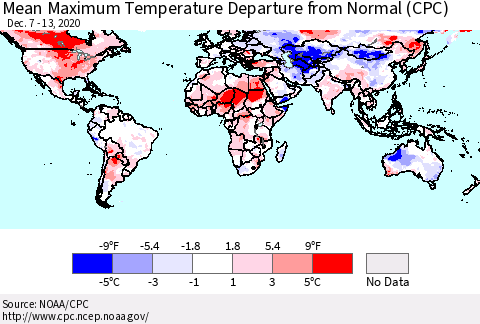 World Mean Maximum Temperature Departure from Normal (CPC) Thematic Map For 12/7/2020 - 12/13/2020