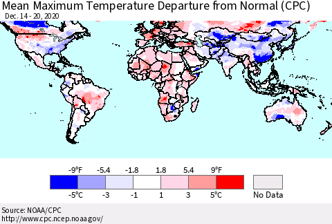 World Mean Maximum Temperature Departure from Normal (CPC) Thematic Map For 12/14/2020 - 12/20/2020