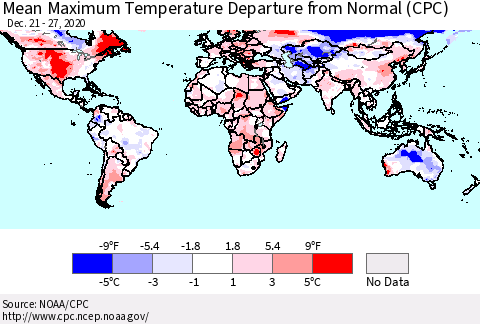 World Mean Maximum Temperature Departure from Normal (CPC) Thematic Map For 12/21/2020 - 12/27/2020