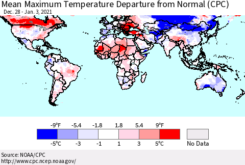 World Mean Maximum Temperature Departure from Normal (CPC) Thematic Map For 12/28/2020 - 1/3/2021