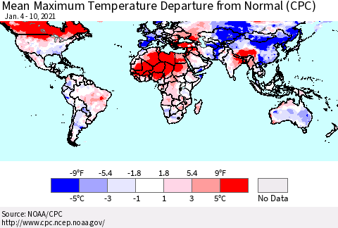World Mean Maximum Temperature Departure from Normal (CPC) Thematic Map For 1/4/2021 - 1/10/2021