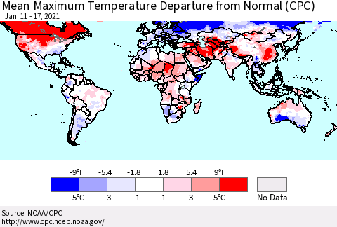 World Mean Maximum Temperature Departure from Normal (CPC) Thematic Map For 1/11/2021 - 1/17/2021