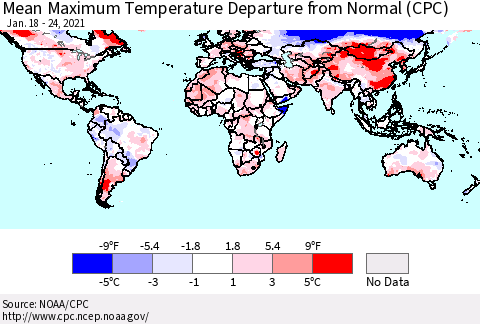 World Mean Maximum Temperature Departure from Normal (CPC) Thematic Map For 1/18/2021 - 1/24/2021