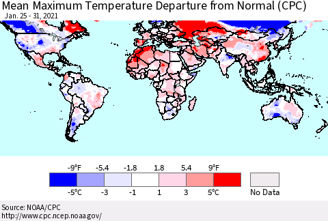 World Mean Maximum Temperature Departure from Normal (CPC) Thematic Map For 1/25/2021 - 1/31/2021
