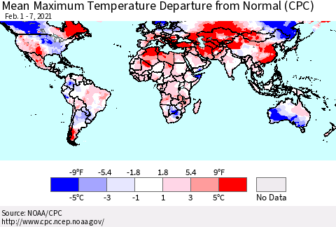 World Mean Maximum Temperature Departure from Normal (CPC) Thematic Map For 2/1/2021 - 2/7/2021