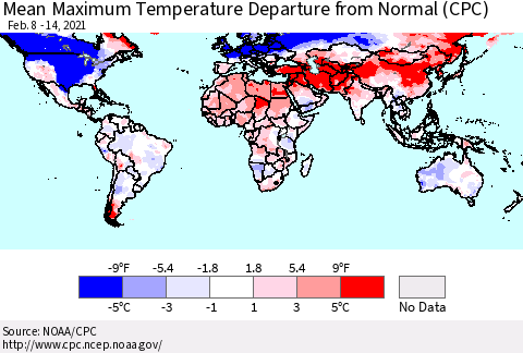 World Mean Maximum Temperature Departure from Normal (CPC) Thematic Map For 2/8/2021 - 2/14/2021