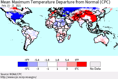 World Mean Maximum Temperature Departure from Normal (CPC) Thematic Map For 2/15/2021 - 2/21/2021