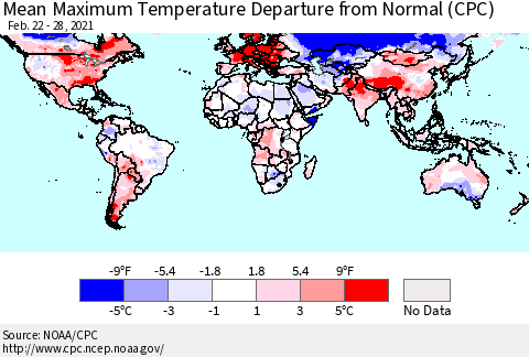 World Mean Maximum Temperature Departure from Normal (CPC) Thematic Map For 2/22/2021 - 2/28/2021