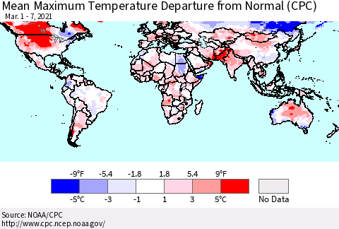 World Mean Maximum Temperature Departure from Normal (CPC) Thematic Map For 3/1/2021 - 3/7/2021