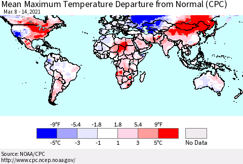World Mean Maximum Temperature Departure from Normal (CPC) Thematic Map For 3/8/2021 - 3/14/2021