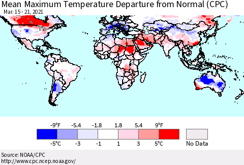 World Mean Maximum Temperature Departure from Normal (CPC) Thematic Map For 3/15/2021 - 3/21/2021