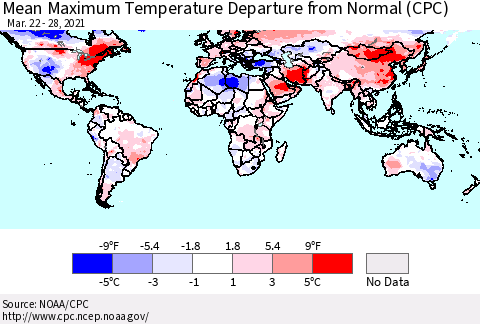 World Mean Maximum Temperature Departure from Normal (CPC) Thematic Map For 3/22/2021 - 3/28/2021
