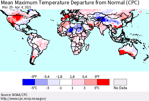 World Mean Maximum Temperature Departure from Normal (CPC) Thematic Map For 3/29/2021 - 4/4/2021