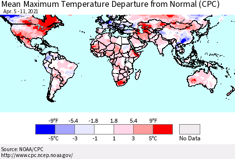 World Mean Maximum Temperature Departure from Normal (CPC) Thematic Map For 4/5/2021 - 4/11/2021