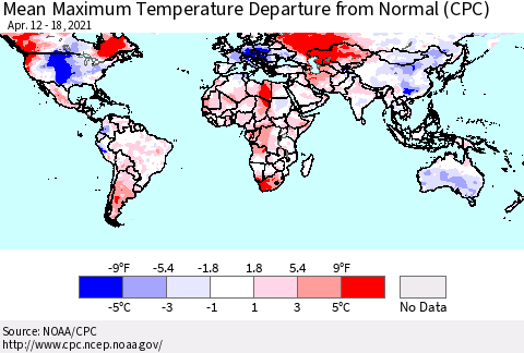 World Mean Maximum Temperature Departure from Normal (CPC) Thematic Map For 4/12/2021 - 4/18/2021