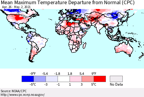 World Mean Maximum Temperature Departure from Normal (CPC) Thematic Map For 4/26/2021 - 5/2/2021