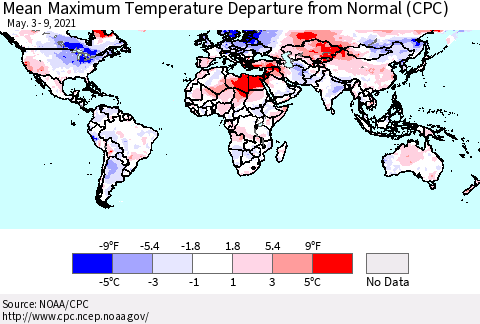 World Mean Maximum Temperature Departure from Normal (CPC) Thematic Map For 5/3/2021 - 5/9/2021