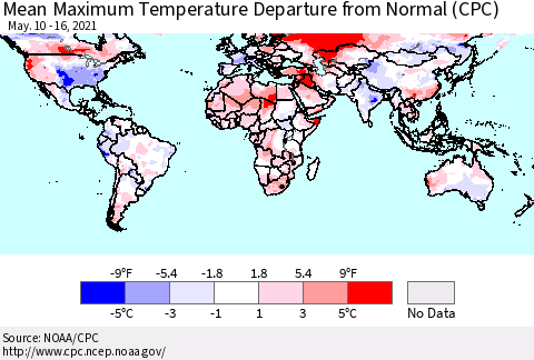World Mean Maximum Temperature Departure from Normal (CPC) Thematic Map For 5/10/2021 - 5/16/2021