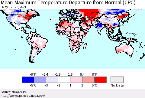 World Mean Maximum Temperature Departure from Normal (CPC) Thematic Map For 5/17/2021 - 5/23/2021