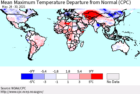 World Mean Maximum Temperature Departure from Normal (CPC) Thematic Map For 5/24/2021 - 5/30/2021