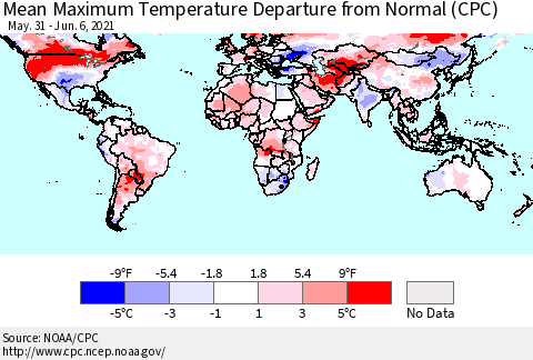 World Mean Maximum Temperature Departure from Normal (CPC) Thematic Map For 5/31/2021 - 6/6/2021