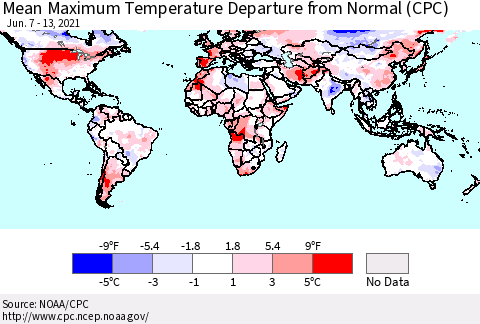 World Mean Maximum Temperature Departure from Normal (CPC) Thematic Map For 6/7/2021 - 6/13/2021