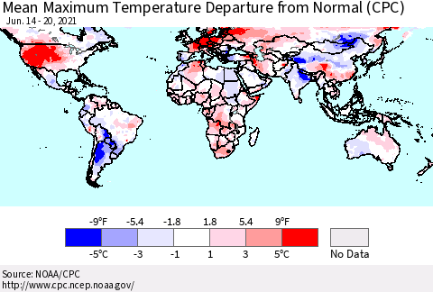 World Mean Maximum Temperature Departure from Normal (CPC) Thematic Map For 6/14/2021 - 6/20/2021