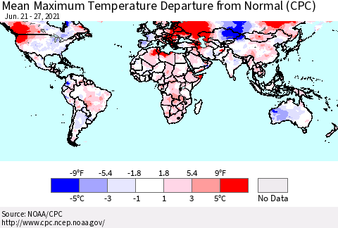 World Mean Maximum Temperature Departure from Normal (CPC) Thematic Map For 6/21/2021 - 6/27/2021
