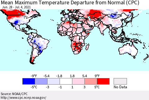 World Mean Maximum Temperature Departure from Normal (CPC) Thematic Map For 6/28/2021 - 7/4/2021