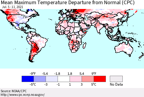 World Mean Maximum Temperature Departure from Normal (CPC) Thematic Map For 7/5/2021 - 7/11/2021