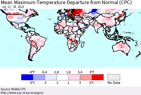 World Mean Maximum Temperature Departure from Normal (CPC) Thematic Map For 7/12/2021 - 7/18/2021