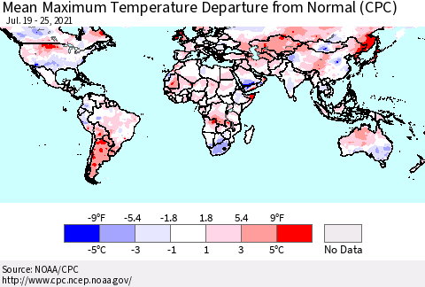 World Mean Maximum Temperature Departure from Normal (CPC) Thematic Map For 7/19/2021 - 7/25/2021