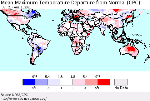 World Mean Maximum Temperature Departure from Normal (CPC) Thematic Map For 7/26/2021 - 8/1/2021