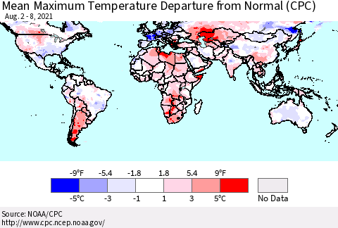 World Mean Maximum Temperature Departure from Normal (CPC) Thematic Map For 8/2/2021 - 8/8/2021