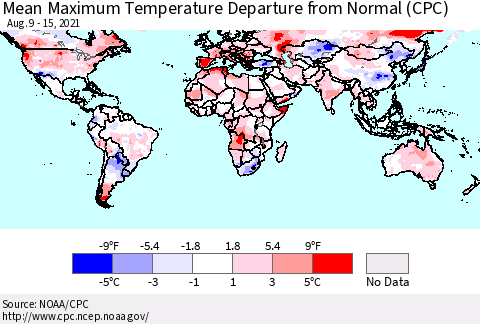 World Mean Maximum Temperature Departure from Normal (CPC) Thematic Map For 8/9/2021 - 8/15/2021