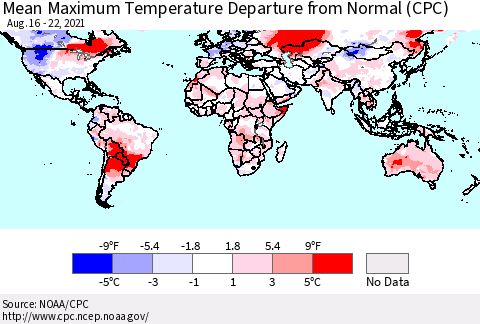 World Mean Maximum Temperature Departure from Normal (CPC) Thematic Map For 8/16/2021 - 8/22/2021