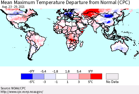 World Mean Maximum Temperature Departure from Normal (CPC) Thematic Map For 8/23/2021 - 8/29/2021